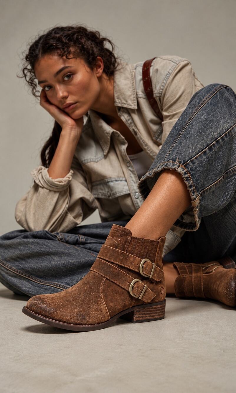 BORN Brown Suede Double Buckle Ankle Boots Size 7.5 Distressed Western Boho